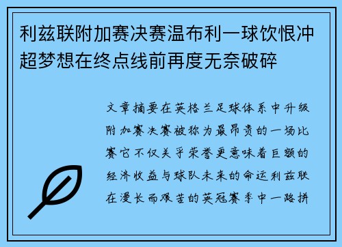 利兹联附加赛决赛温布利一球饮恨冲超梦想在终点线前再度无奈破碎 利兹联附加赛决赛温布利一球饮恨冲超梦想在终点线前再度无奈破碎